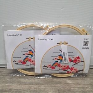 2Pk Cherry Blossom Flowers Hand Embroideried Kit with Embroidery Hoop 7.9 Inch